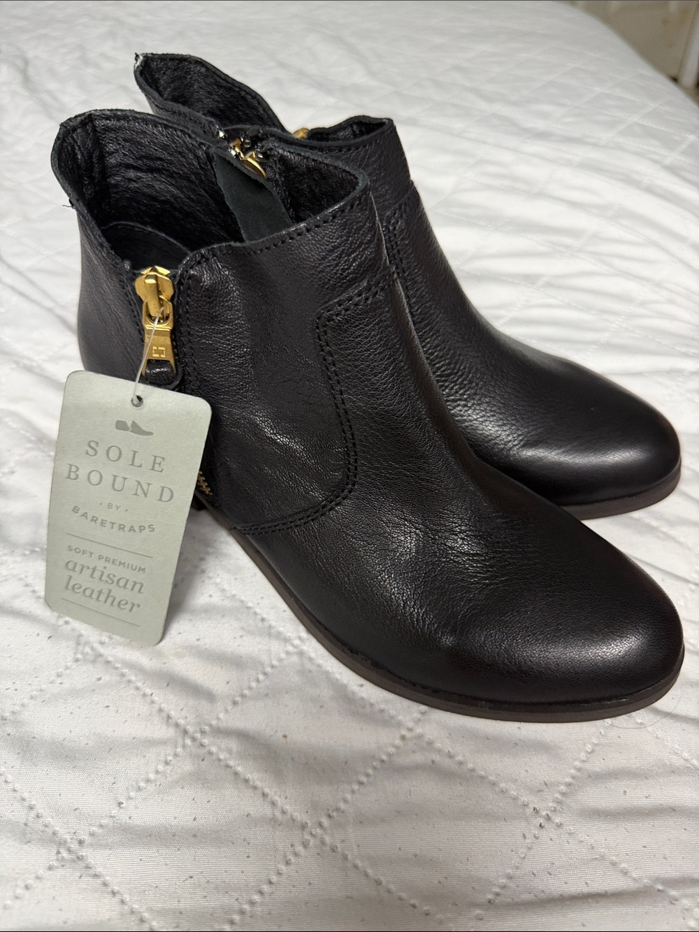 Sole Bound by BareTraps Black Leather Women's Ankle Boots with Gold Zipper